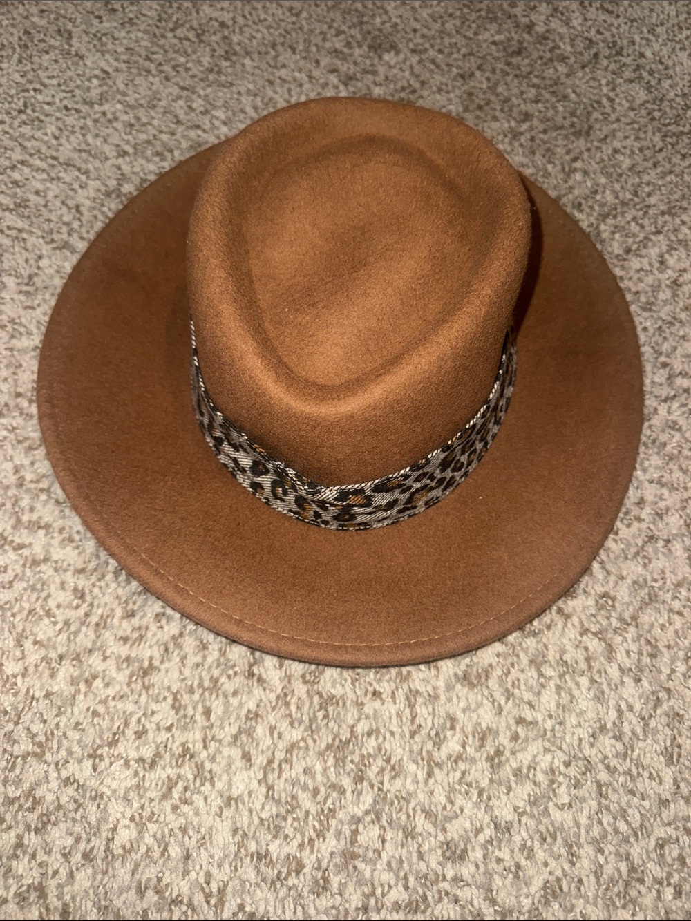 ADORA Tan Felt Fedora with Leopard Print Band